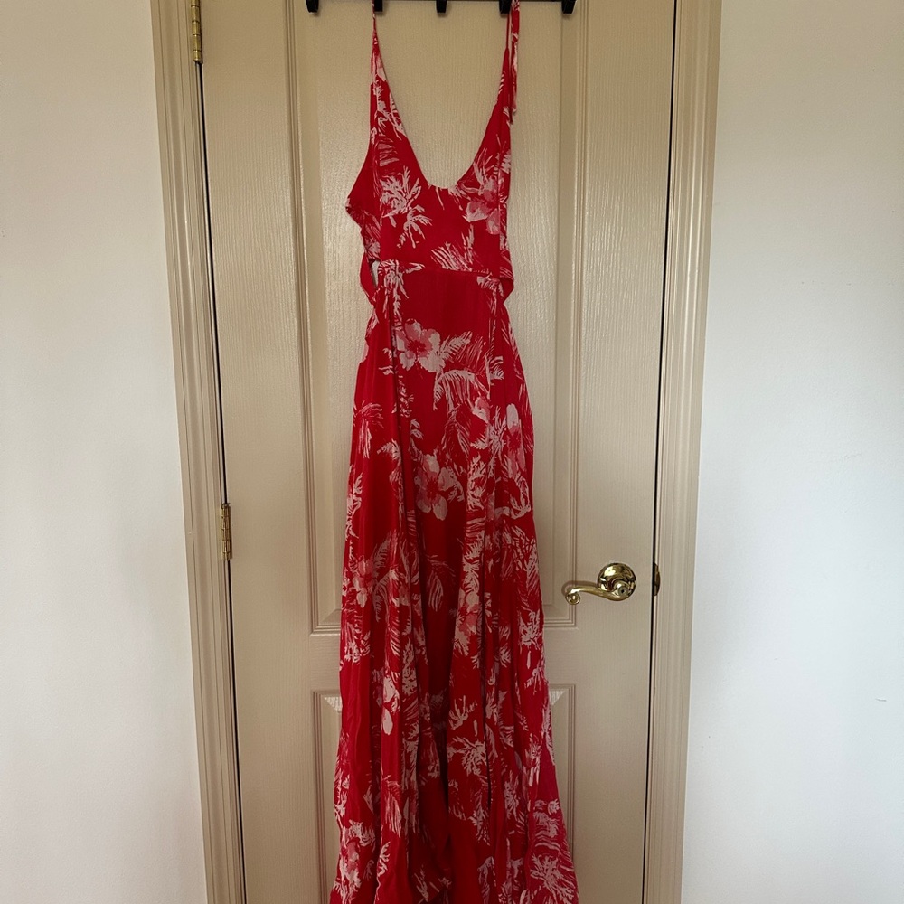 Free People Coral Red Floral Maxi Open Back halter Dress